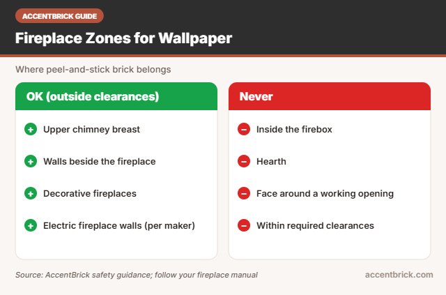 Safe zones for the best peel and stick brick wallpaper for fireplace walls